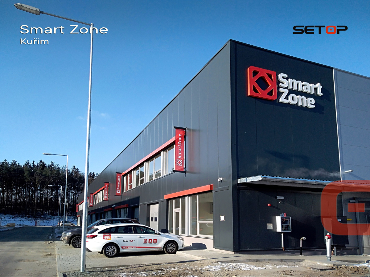 Hala Smart Zone Kuřim, reference Setop Brno, topení, kotelna, TČ, Baxi, UT